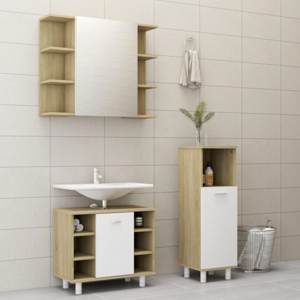 3-dijelni set kupaonskog namještaja od iverice bijeli/hrast