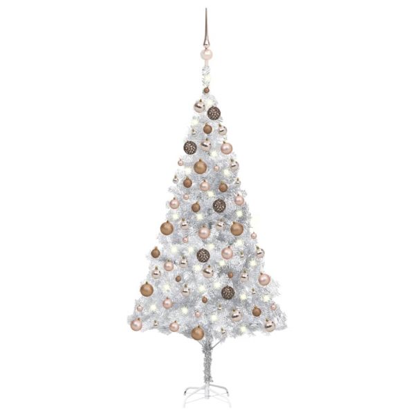 Umjetno božićno drvce LED s kuglicama srebrno 180 cm PET