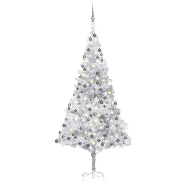 Umjetno božićno drvce LED s kuglicama srebrno 210 cm PET