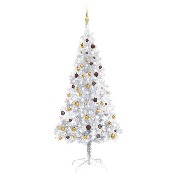 Umjetno božićno drvce LED s kuglicama srebrno 210 cm PET