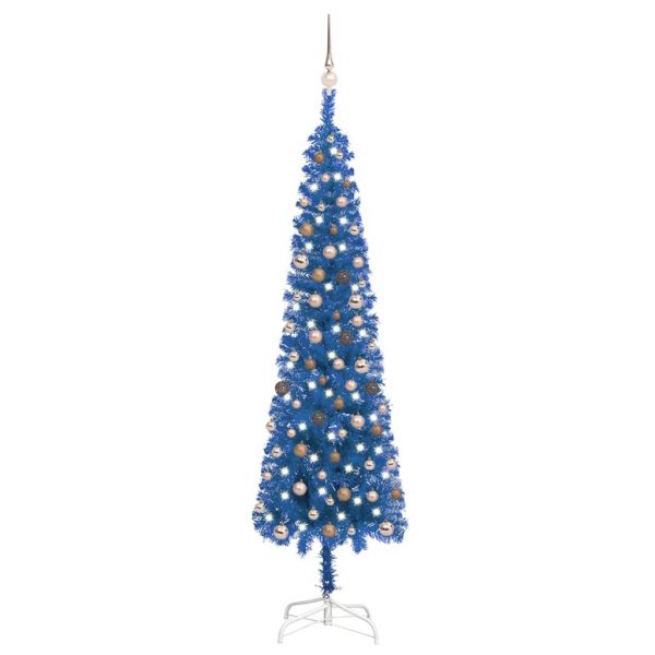 Usko božićno drvce s LED svjetlima i kuglicama 240 cm plavo