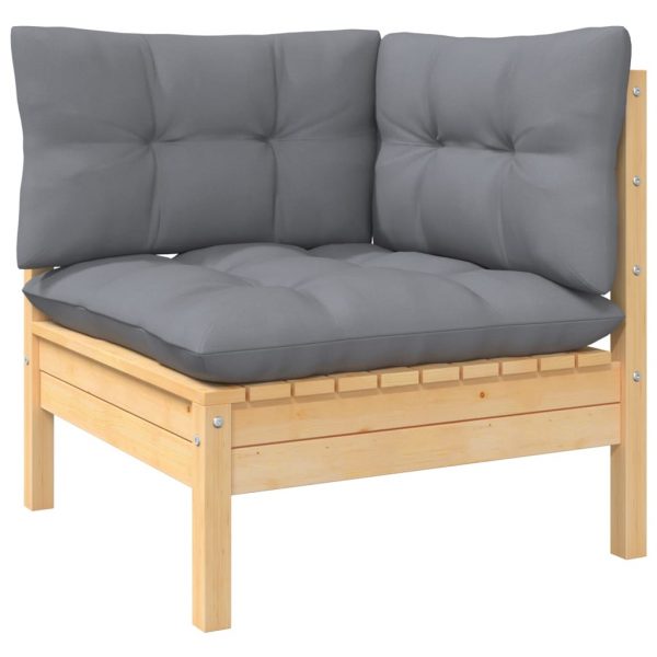 Kutna vrtna sofa sa sivim jastucima od masivne borovine