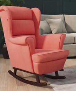 Fotelja za ljuljanje s drvenim nogama ružičasta baršunasta