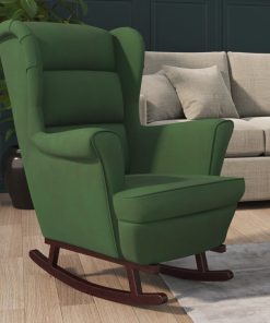 Fotelja za ljuljanje s drvenim nogama tamnozelena baršunasta
