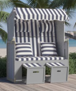 Ležaljka za plažu s jastucima plavo-bijela od poliratana i drva