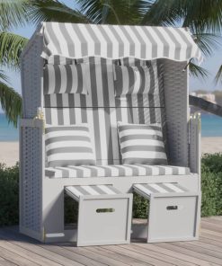 Ležaljka za plažu s jastucima sivo-bijela od poliratana i drva