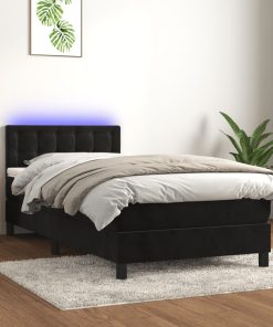 Krevet box spring s madracem LED crni 90x200 cm baršun