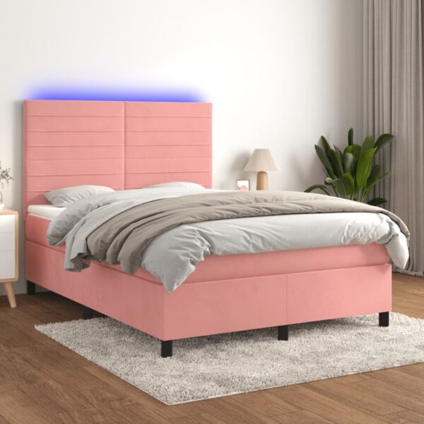 Krevet box spring s madracem LED ružičasti 140x190cm baršunasti