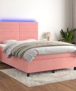 Krevet box spring s madracem LED ružičasti 140x200cm baršunasti