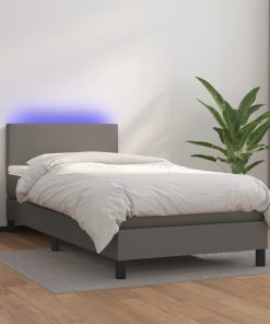 Krevet box spring s madracem LED sivi 100x200cm od umjetne kože