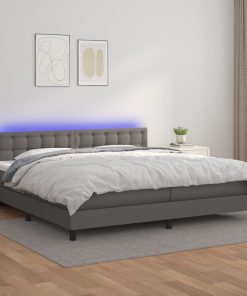 Krevet box spring s madracem LED sivi 200x200cm od umjetne kože