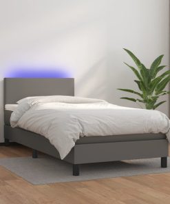 Krevet box spring s madracem LED sivi 80x200 cm od umjetne kože