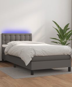 Krevet box spring s madracem LED sivi 80x200 cm od umjetne kože