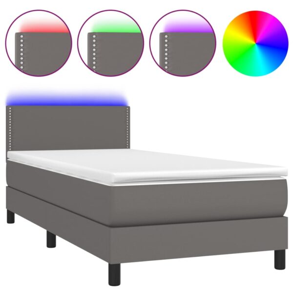 Krevet box spring s madracem LED sivi 90x190 cm od umjetne kože