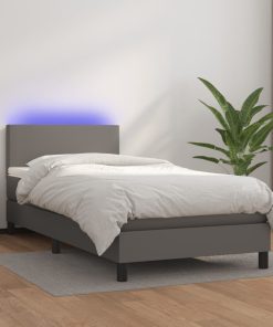 Krevet box spring s madracem LED sivi 90x190 cm od umjetne kože