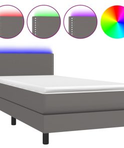 Krevet box spring s madracem LED sivi 90x200 cm od umjetne kože