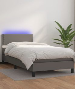 Krevet box spring s madracem LED sivi 90x200 cm od umjetne kože