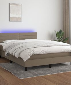 Krevet box spring s madracem LED smeđesivi 140x200 cm tkanina