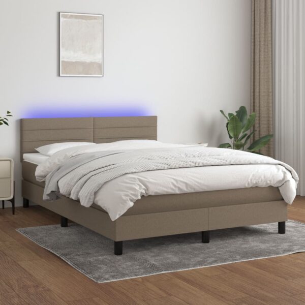 Krevet box spring s madracem LED smeđesivi 140x200 cm tkanina