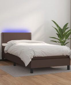 Krevet box spring s madracem LED smeđi 90x200 cm umjetna koža