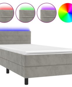 Krevet box spring s madracem LED svjetlosivi 100x200 cm baršun