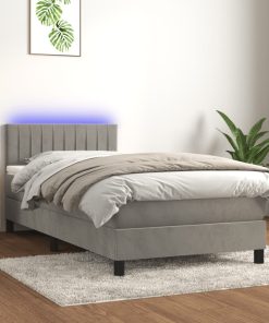 Krevet box spring s madracem LED svjetlosivi 100x200 cm baršun