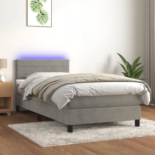 Krevet box spring s madracem LED svjetlosivi 100x200 cm baršun