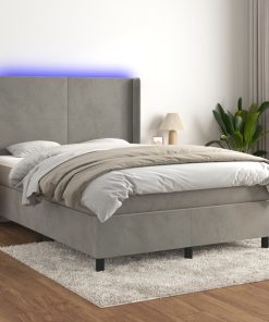 Krevet box spring s madracem LED svjetlosivi 140x190 cm baršun
