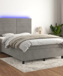 Krevet box spring s madracem LED svjetlosivi 140x190 cm baršun