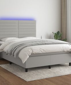 Krevet box spring s madracem LED svjetlosivi 140x190 cm tkanina