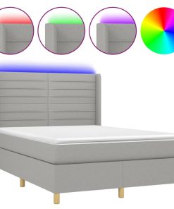 Krevet box spring s madracem LED svjetlosivi 140x190 cm tkanina