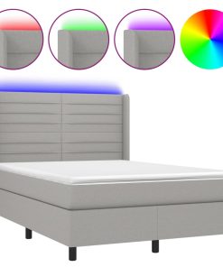 Krevet box spring s madracem LED svjetlosivi 140x190 cm tkanina