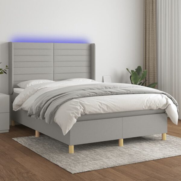 Krevet box spring s madracem LED svjetlosivi 140x190 cm tkanina