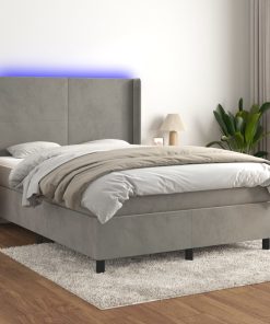 Krevet box spring s madracem LED svjetlosivi 140x200 cm baršun