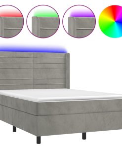 Krevet box spring s madracem LED svjetlosivi 140x200 cm baršun