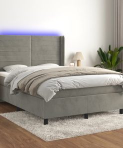 Krevet box spring s madracem LED svjetlosivi 140x200 cm baršun