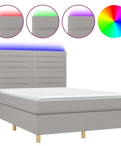 Krevet box spring s madracem LED svjetlosivi 140x200 cm tkanina