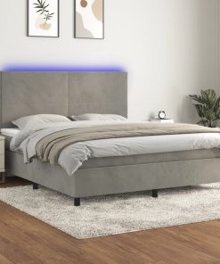 Krevet box spring s madracem LED svjetlosivi 160x200 cm baršun