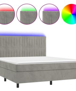 Krevet box spring s madracem LED svjetlosivi 160x200 cm baršun