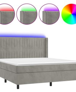 Krevet box spring s madracem LED svjetlosivi 160x200 cm baršun