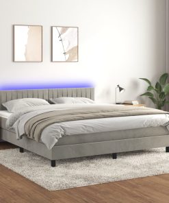 Krevet box spring s madracem LED svjetlosivi 160x200 cm baršun