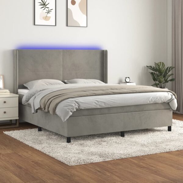 Krevet box spring s madracem LED svjetlosivi 160x200 cm baršun