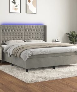 Krevet box spring s madracem LED svjetlosivi 160x200 cm baršun