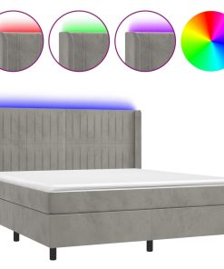 Krevet box spring s madracem LED svjetlosivi 180x200 cm baršun