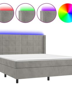 Krevet box spring s madracem LED svjetlosivi 180x200 cm baršun