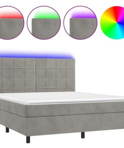Krevet box spring s madracem LED svjetlosivi 180x200 cm baršun