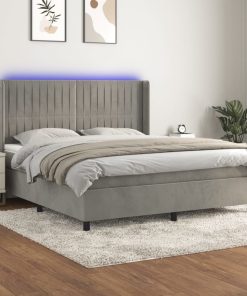 Krevet box spring s madracem LED svjetlosivi 180x200 cm baršun