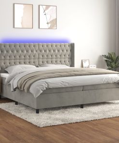 Krevet box spring s madracem LED svjetlosivi 200x200 cm baršun