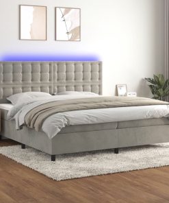 Krevet box spring s madracem LED svjetlosivi 200x200 cm baršun