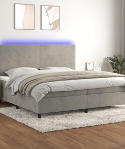 Krevet box spring s madracem LED svjetlosivi 200x200 cm baršun